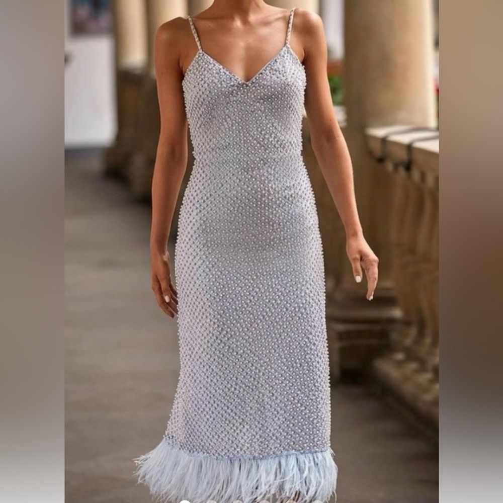 Midi dress with pearls & feathers